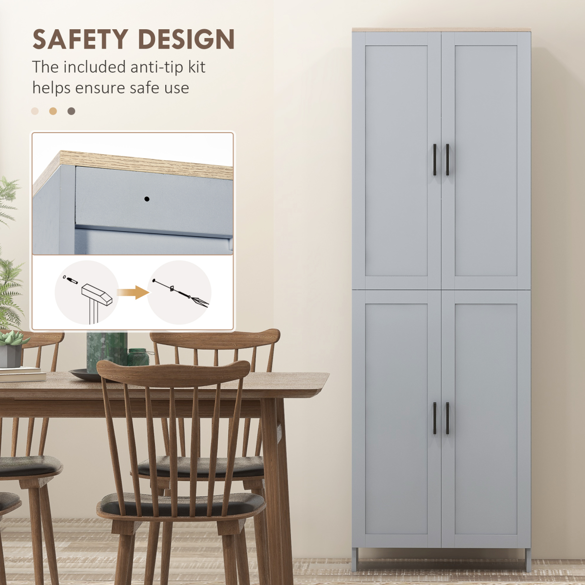 HOMCOM Grey Kitchen Storage Cabinet with 4 Doors and Adjustable Shelves