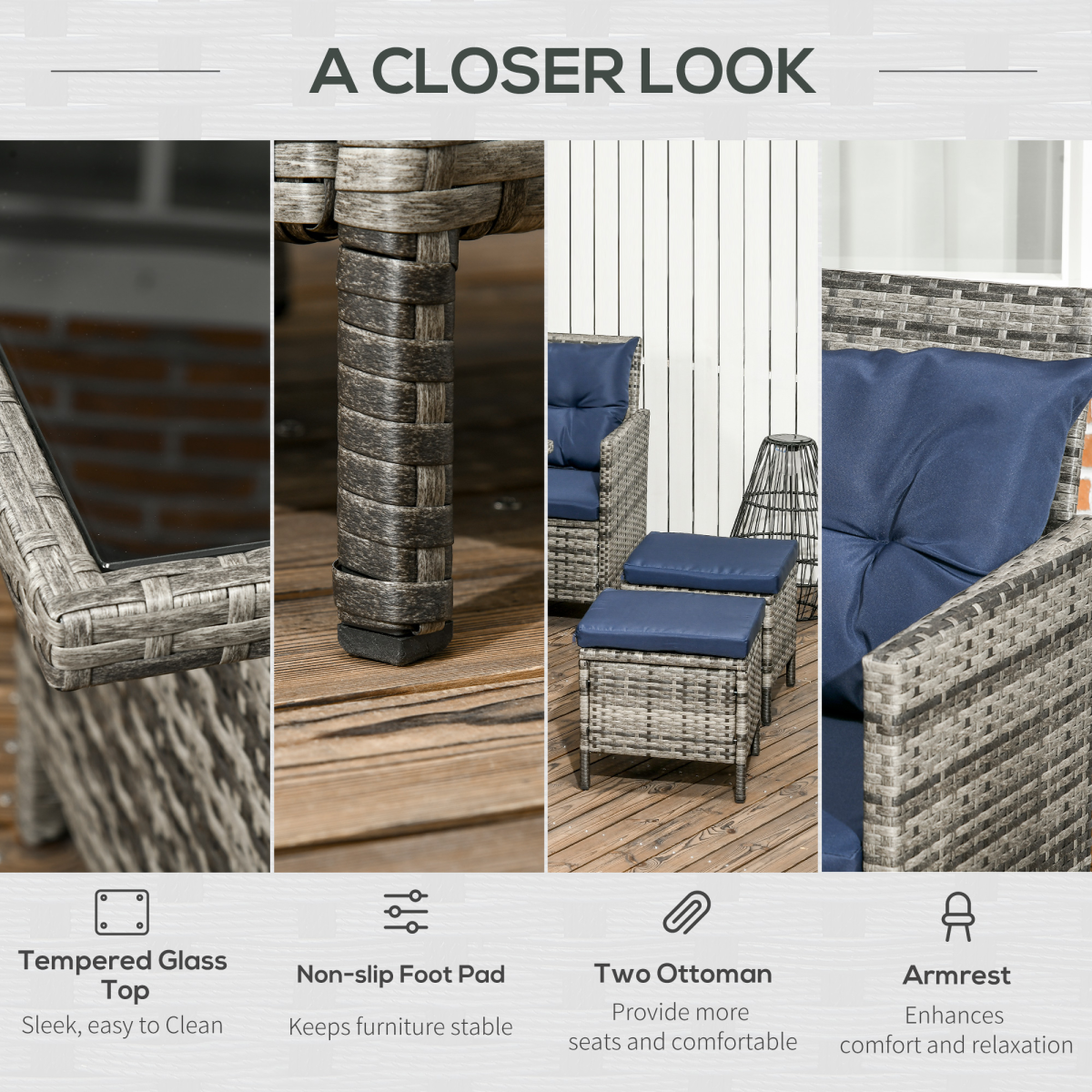 Outsunny 6 Piece Patio Wicker Rattan Sofa Set with Cushions, Dark Blue