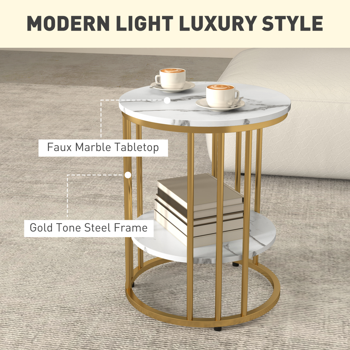 Set of 2 Marble-Effect Tables with Gold Tone Legs for Home & Office