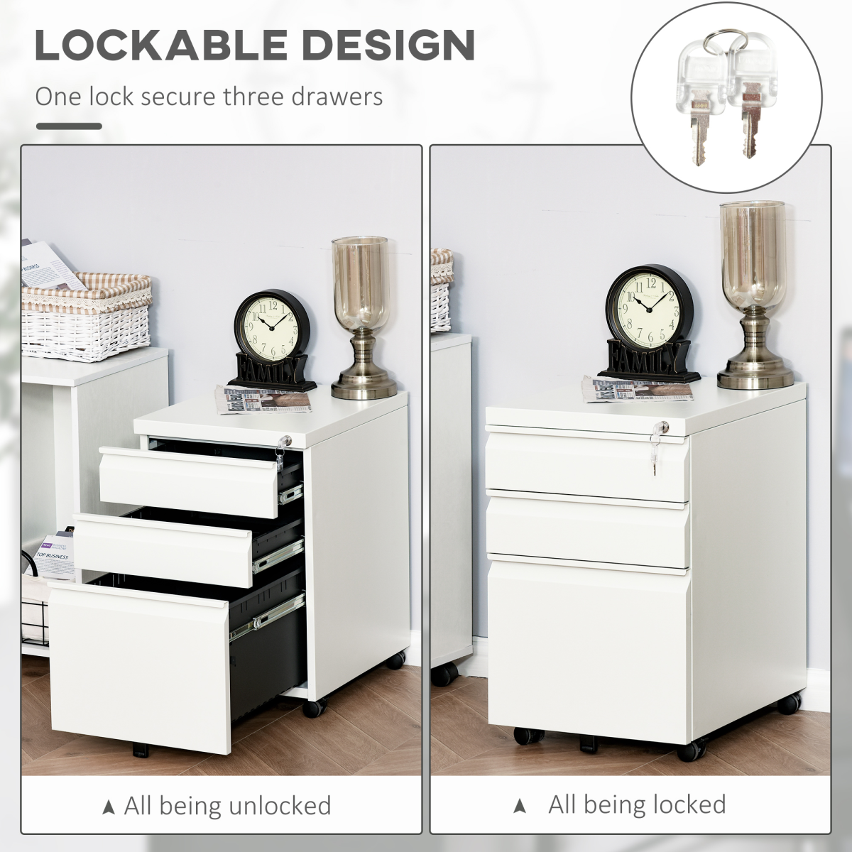 Mobile Lockable Steel Vertical File Cabinet with 3 Drawers and 5 Wheels