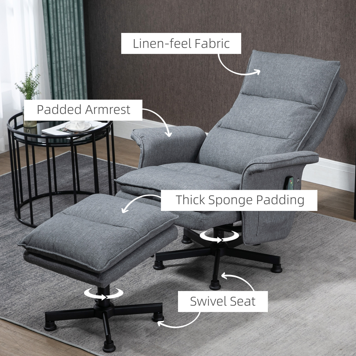 HOMCOM Swivel Massage Recliner Chair with Footstool, Grey