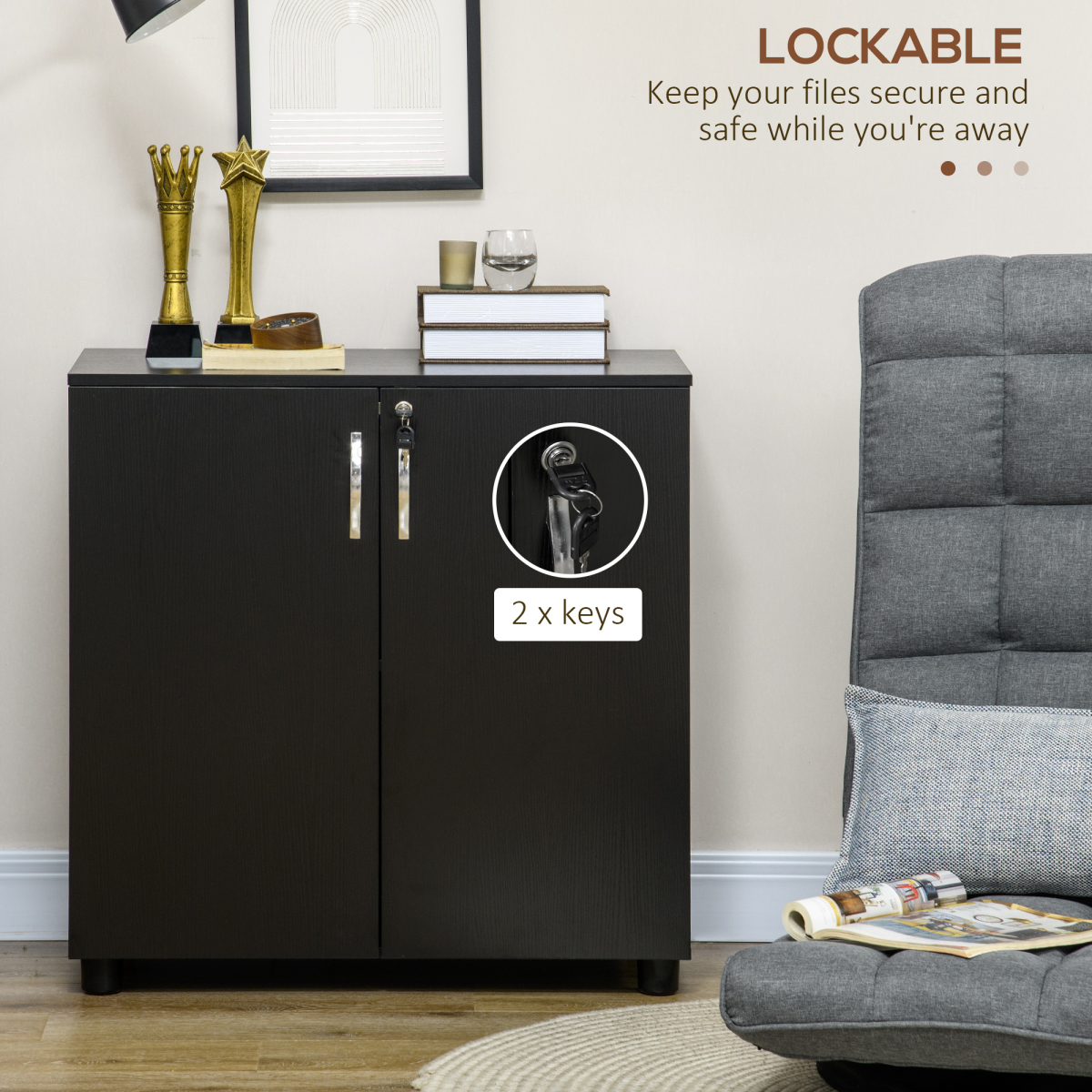 2-Tier Locking Office Storage Cabinet File Organisation with 2 Keys, Black