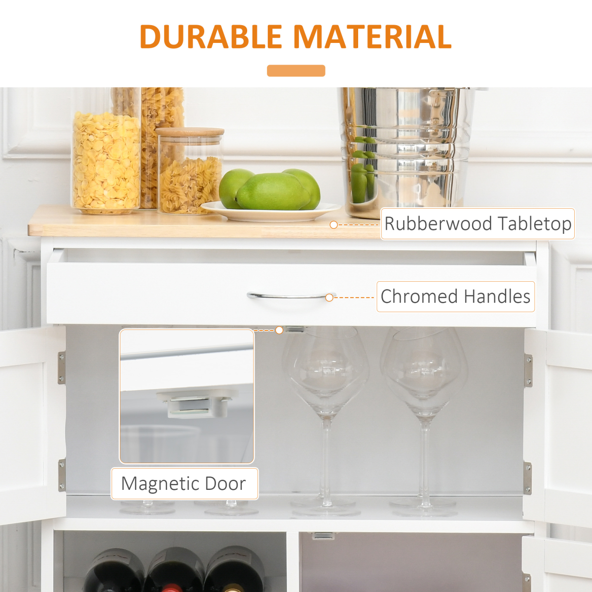 HOMCOM Modern White Kitchen Rolling Storage Cart with Drawer, 9-Bottle Wine Rack, Cabinets, Rubberwood Countertop