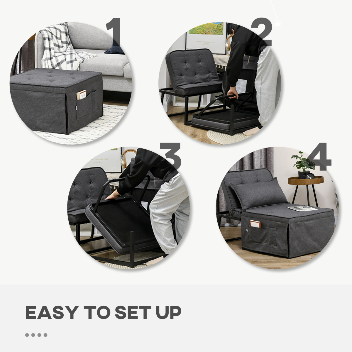 HOMCOM Folding Sleeper Chair Bed with Pillow & Side Pockets, Charcoal Grey