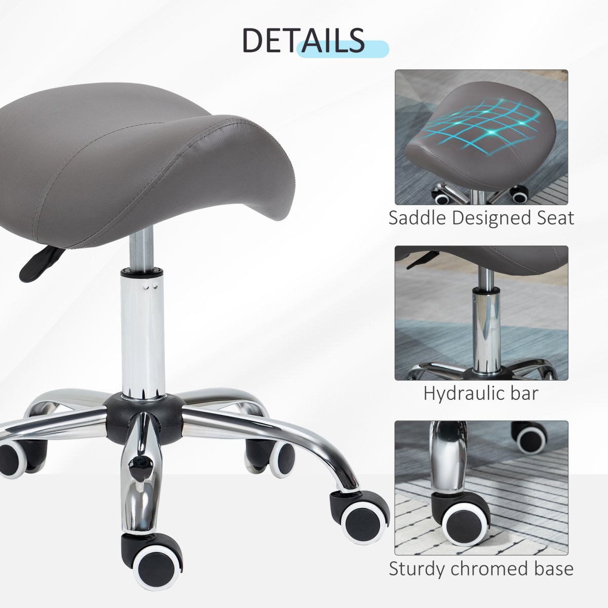 HOMCOM Grey Adjustable Saddle Stool with Padded Faux Leather Seat