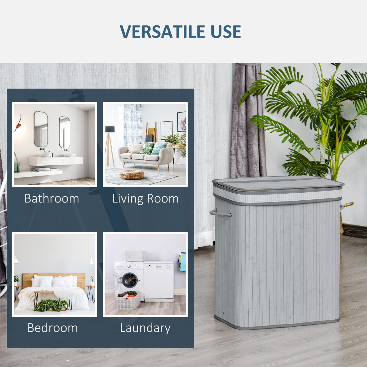 100L Grey Bamboo Flip Lid Laundry Basket with Removable Washable Lining
