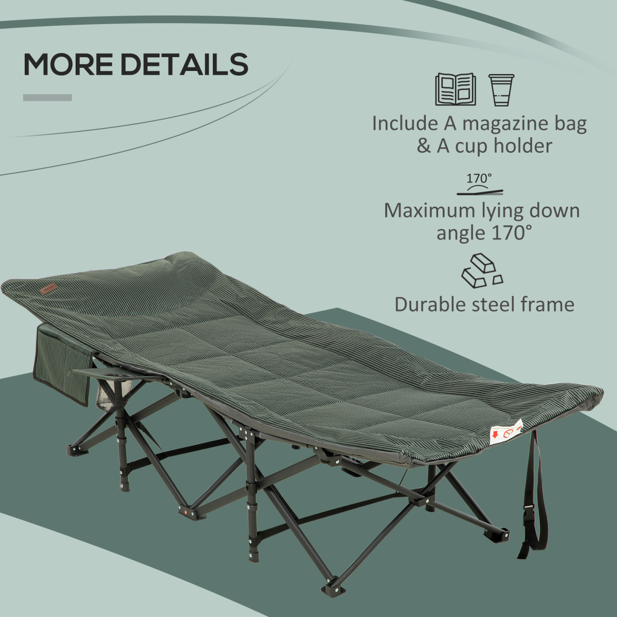 Outsunny Foldable Camping Bed with Carry Bag, Cup Holder & Magazine Bag, Grey