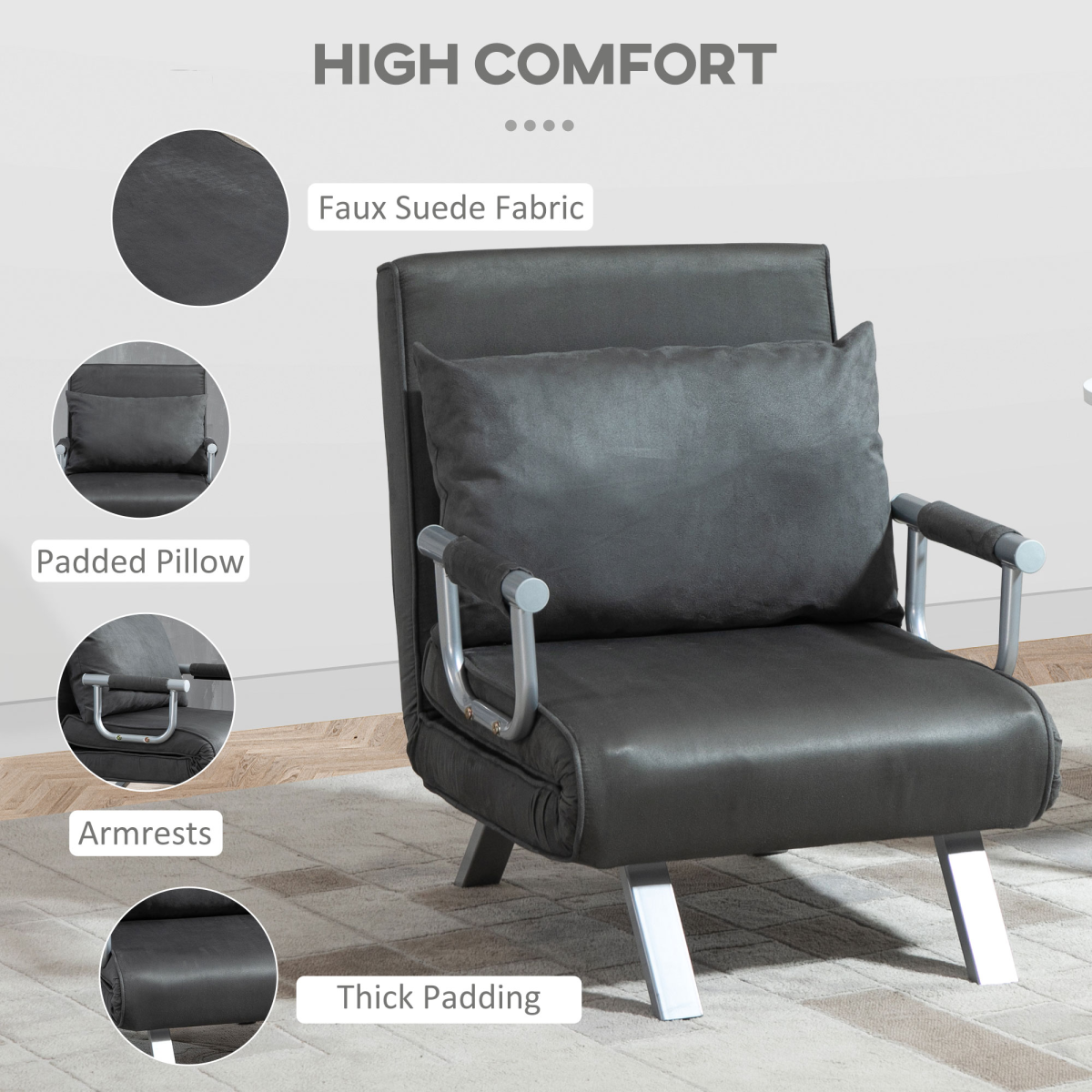 Foldable Sofa Bed Armchair Sleeper Lounge Chair with Adjustable Back, Dark Grey