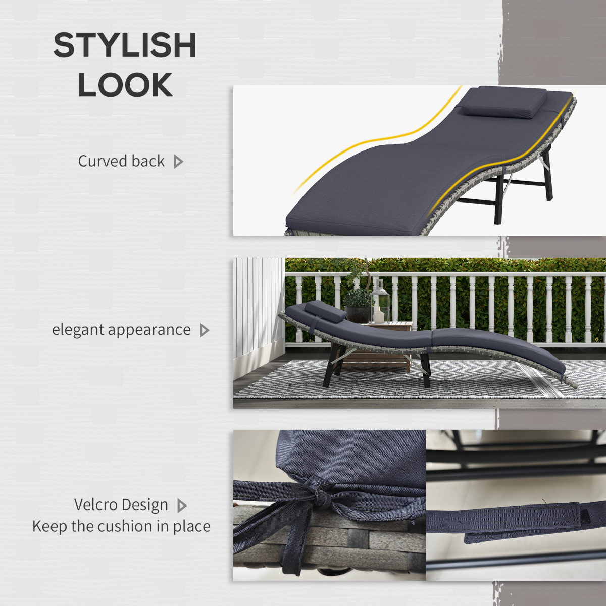 Outsunny Grey Folding Rattan Sun Lounger with Cushion & Pillow