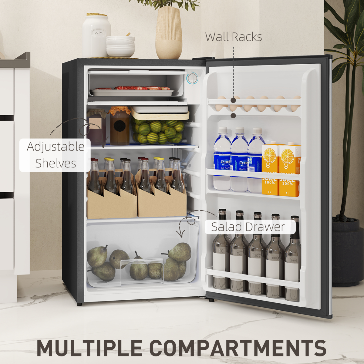 HOMCOM 91L Freestanding Under Counter Fridge, Silver Tone