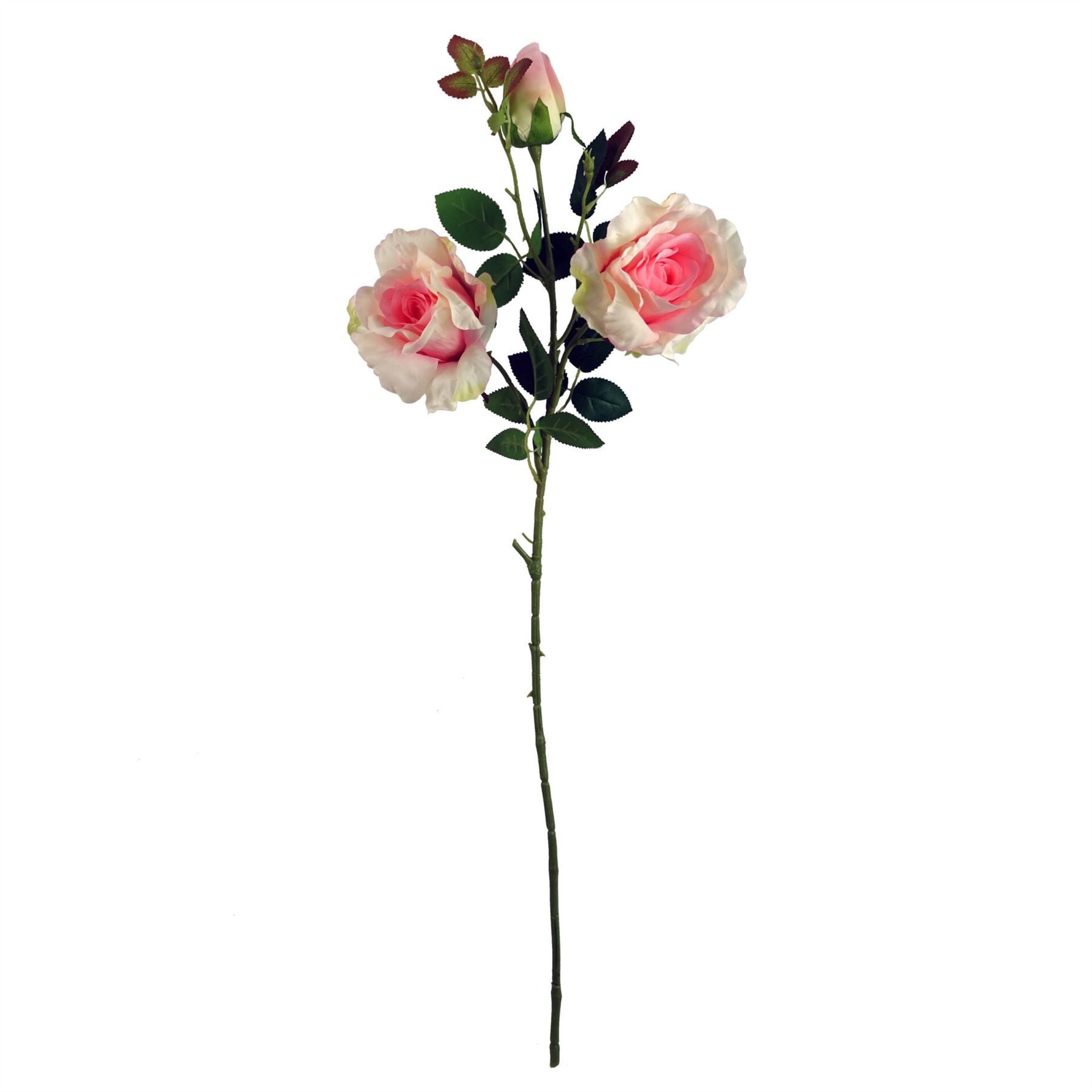 Leaf 80cm Artificial Pink Silk Rose Stem with 2 Large Flowers and Bud
