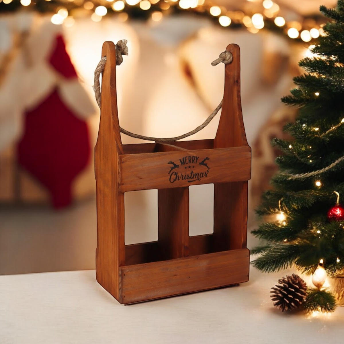 MSL 39cm Wooden 2 Bottle Wine Holder Rustic Hand Finished Wine Caddy
