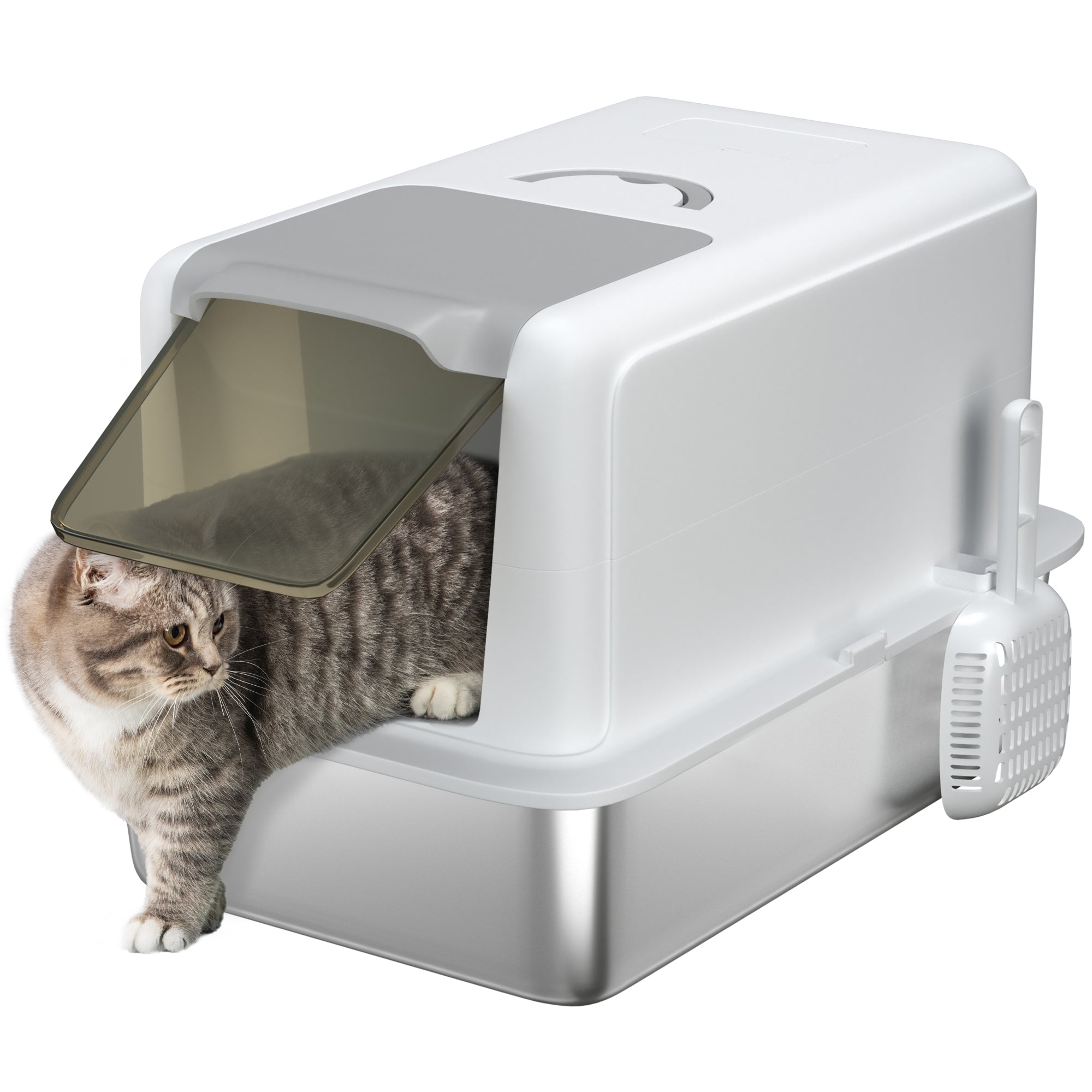 PawHut Stainless Steel Enclosed Cat Litter Box with Built-In Sand Filter and Scoop, White