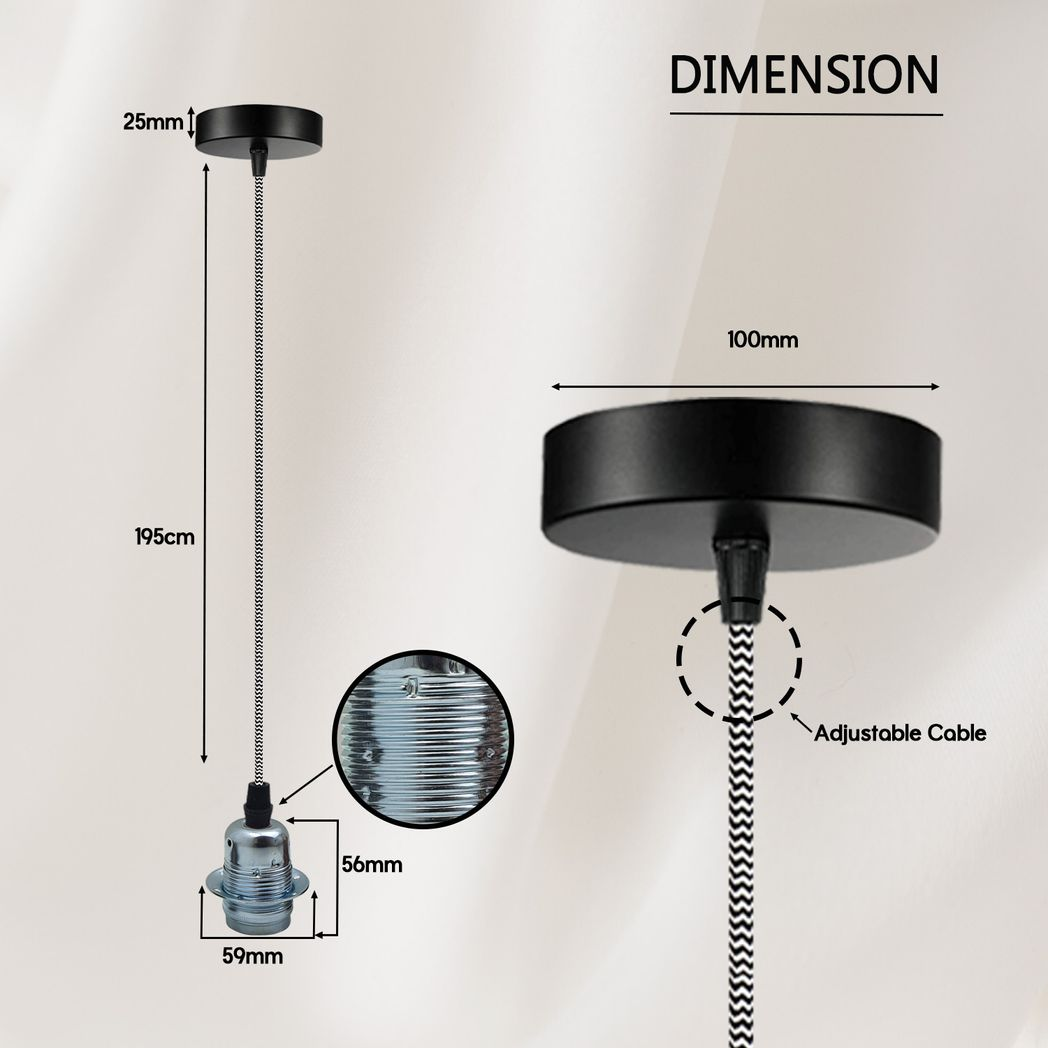 Vintage Industrial Chrome Pendant Light Fitting, lampshade Holder Fitting Set with 2m Cable.