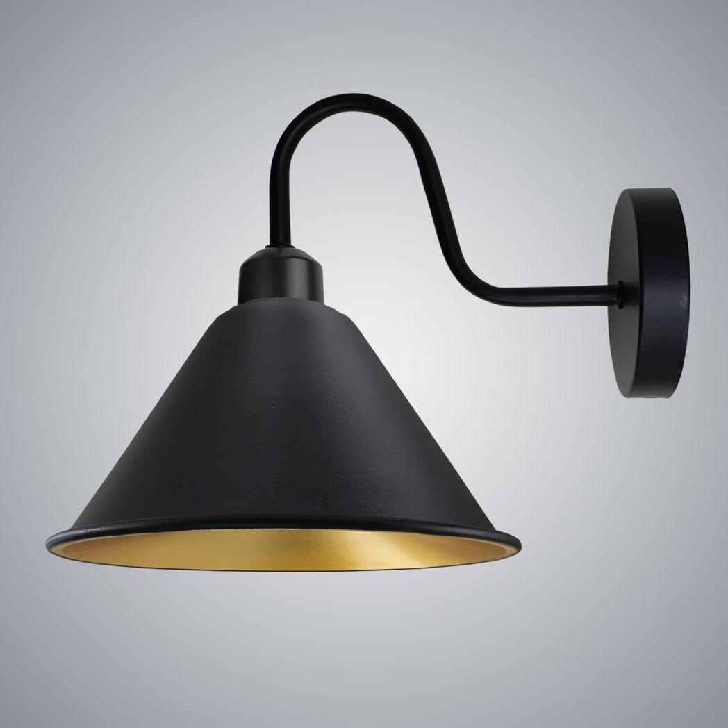 Vintage Black Gold Wall Sconce, E27 Cone Shade Wall Light