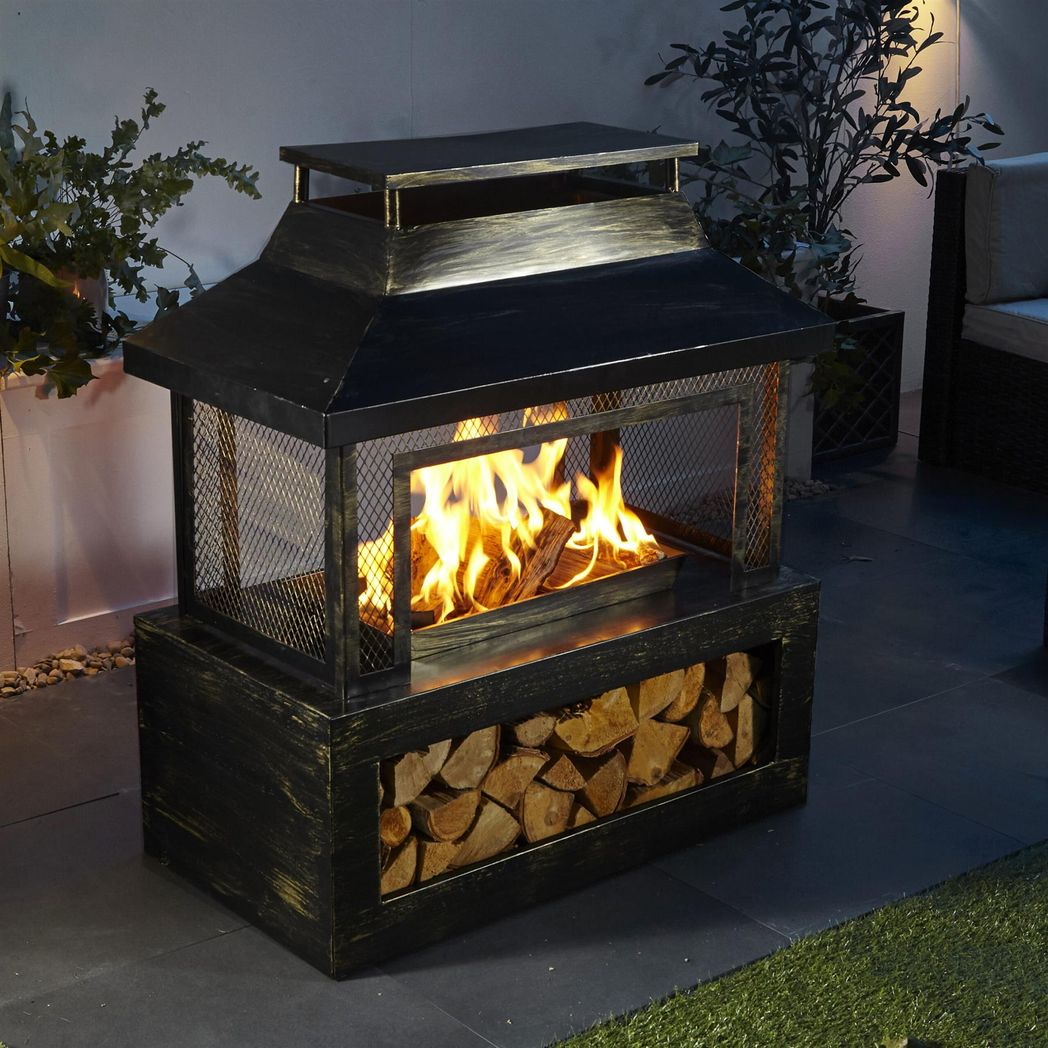 Neo Powder Black Steel Outdoor Fire Pit with Mesh Cover, Charcoal Grate, Poker and Removable Cooking Grill