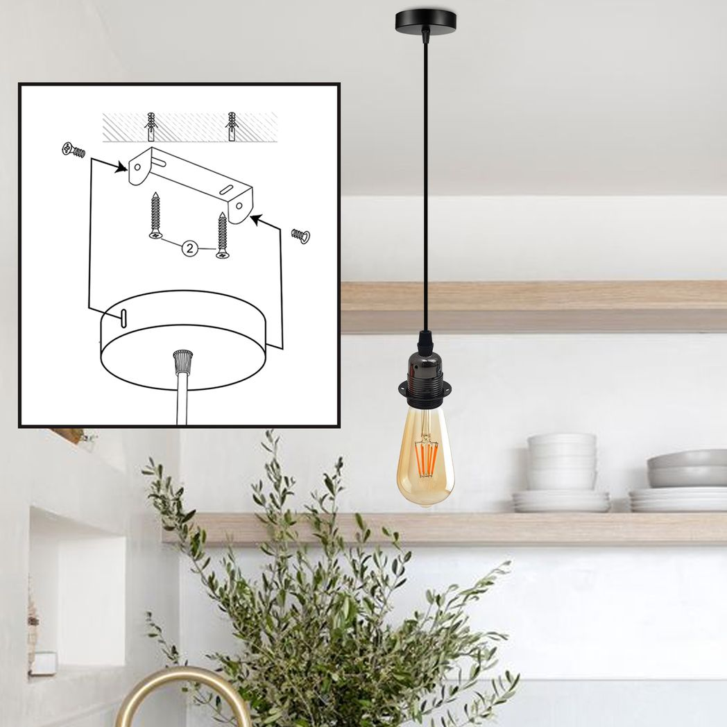 Vintage Industrial Black Pendant Light Fitting, lampshade Holder Fitting Set with 2m Cable.