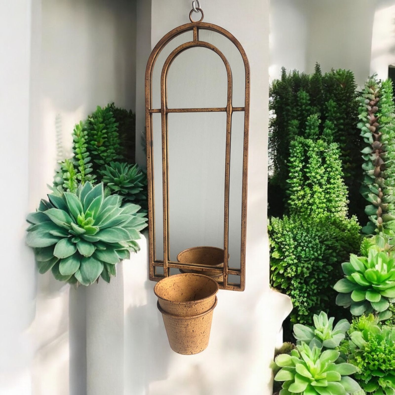 MSL 64cm Decorative Metal Wall Mirror with Single Planter and Pot, Antique Finish
