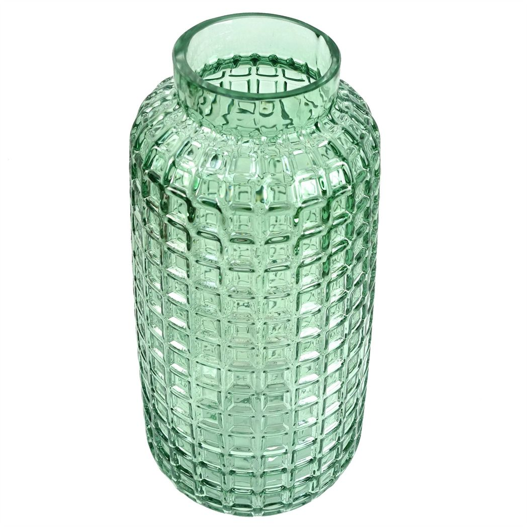 Leaf 30cm Green Cube Embossed Glass Vase, Hand-Finished, 12cm x 12cm, 7.5cm Rim