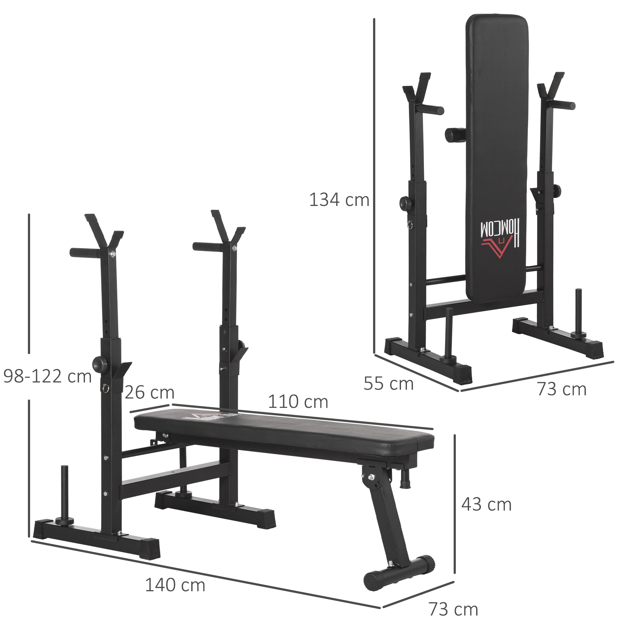 HOMCOM Adjustable Weight Bench with 8-Position Barbell Rack, Dip Station and Folding Design, Black