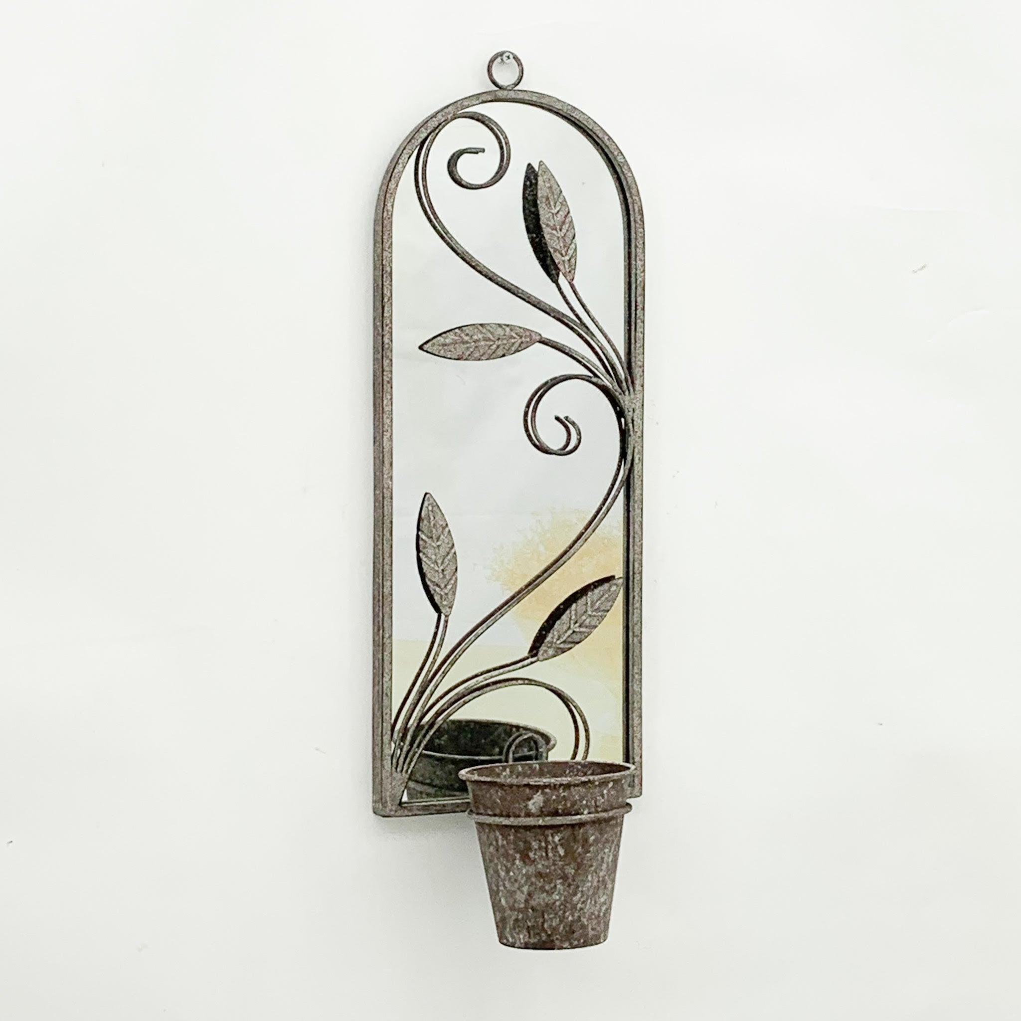 64cm Wall Mirror with Single Planter Holder and Pot, Antique Finish Distressed Metal