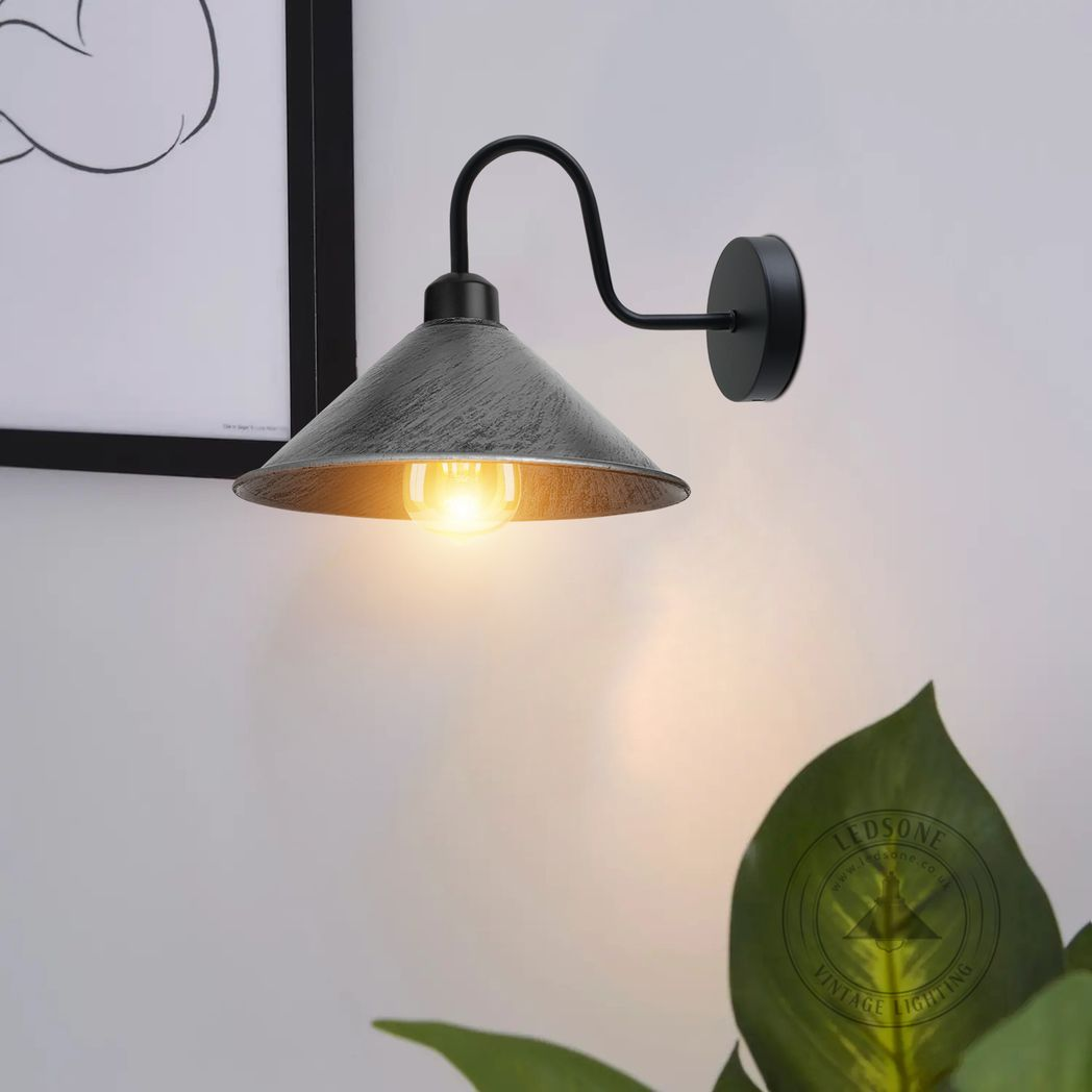 Brushed Silver and Black Vintage E27 Wall Sconce, Dimmable