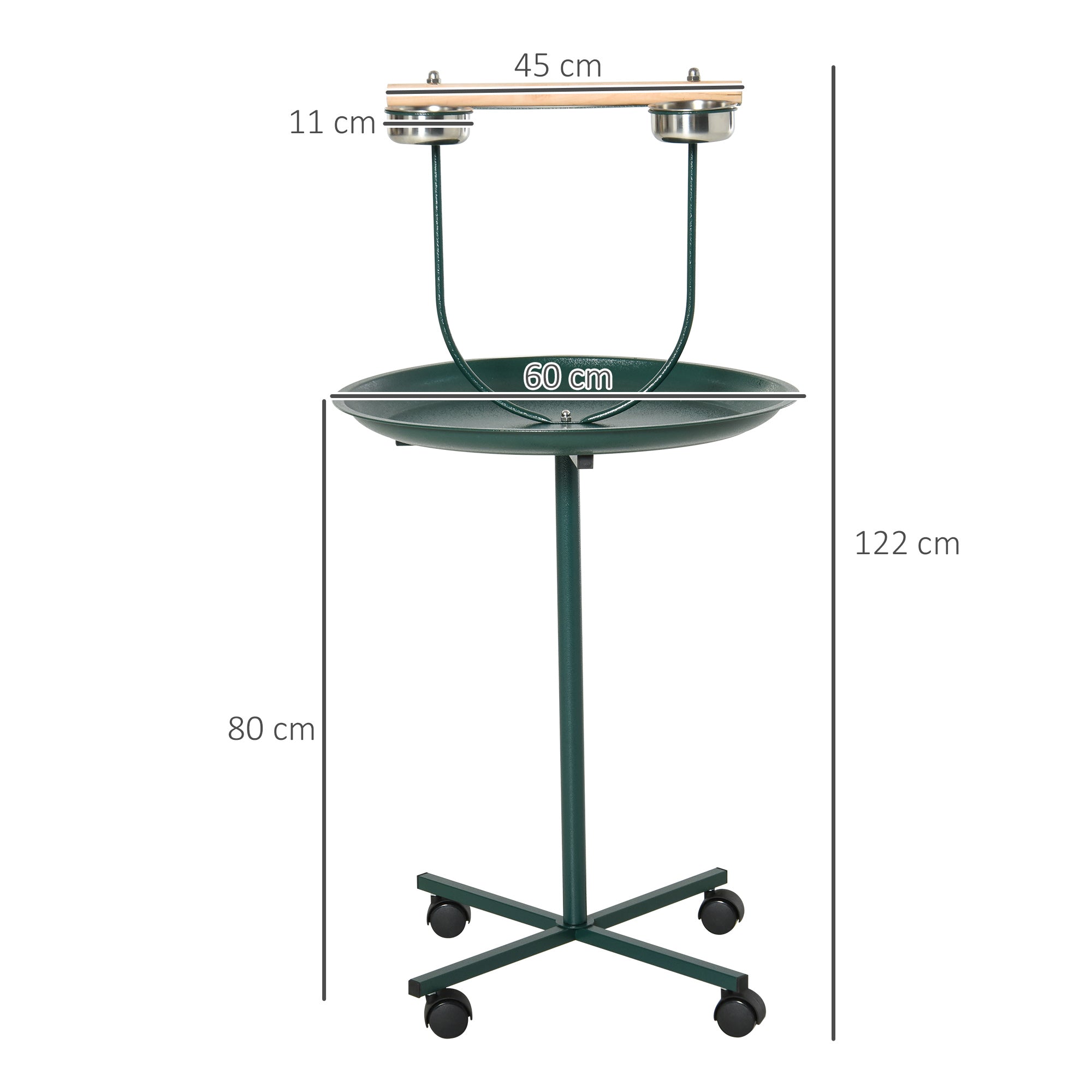 PawHut Bird Perch Stand T-Stand with Wooden Perch, Tray, 2 Stainless Steel Bowls, Wheels, Green