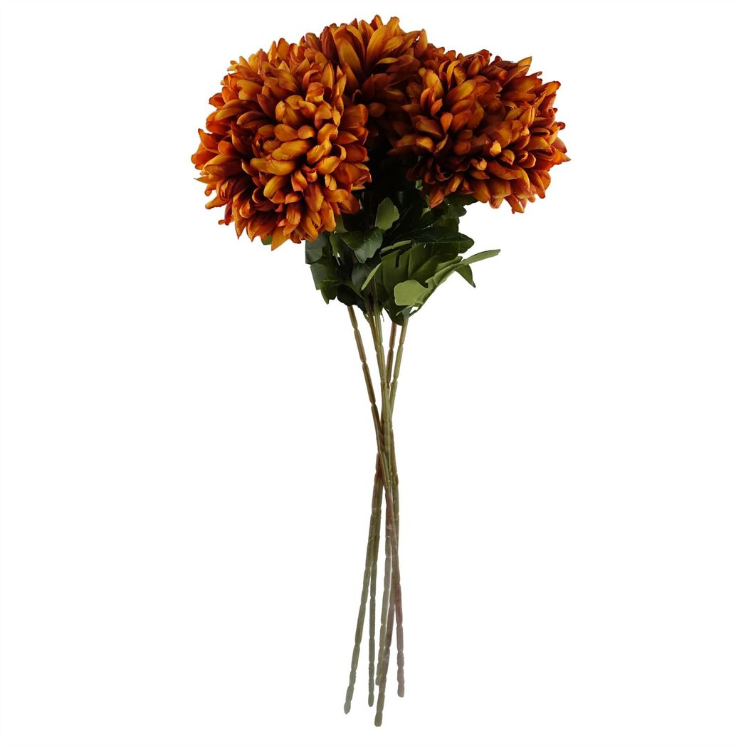 Leaf Pack of 6 Orange Extra Large Reflex Chrysanthemum Silk Flower Stems 75cm