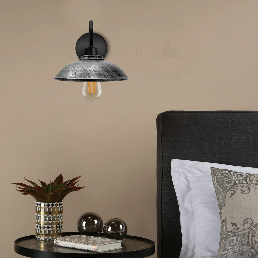 Brushed Silver Vintage Wall Sconce, E27 Hemisphere Shade, Dimmable