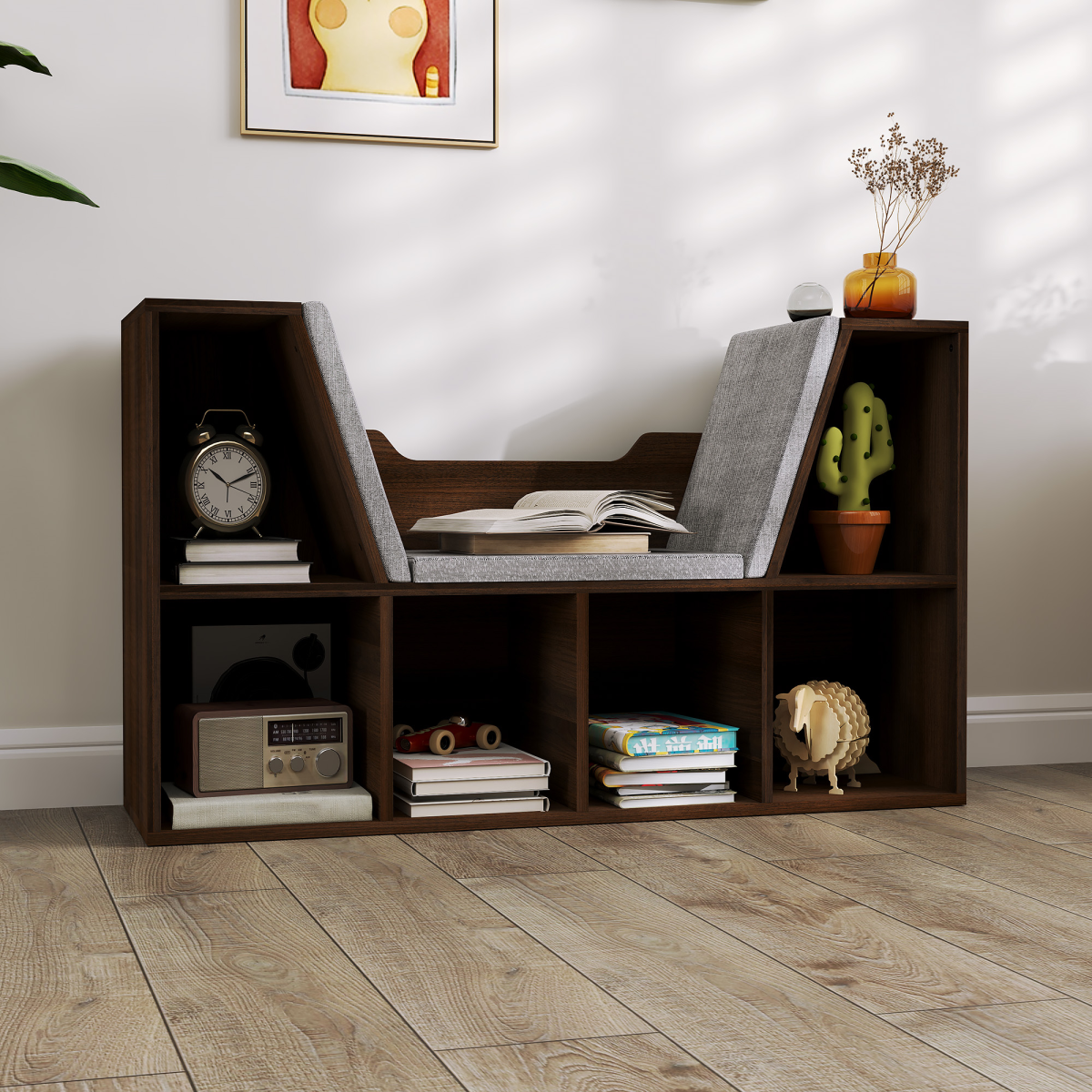 HOMCOM Cube Bookshelf Organizer with Reading Seat, 6-Cube Storage, Chestnut