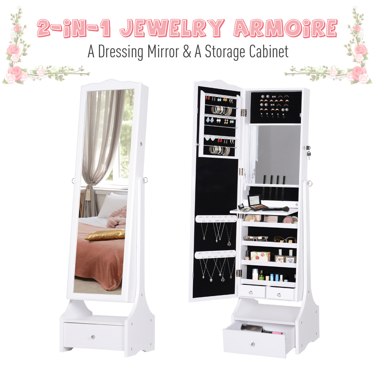 Freestanding Mirrored Jewelry Cabinet Armoire with Lock and LED Light, White