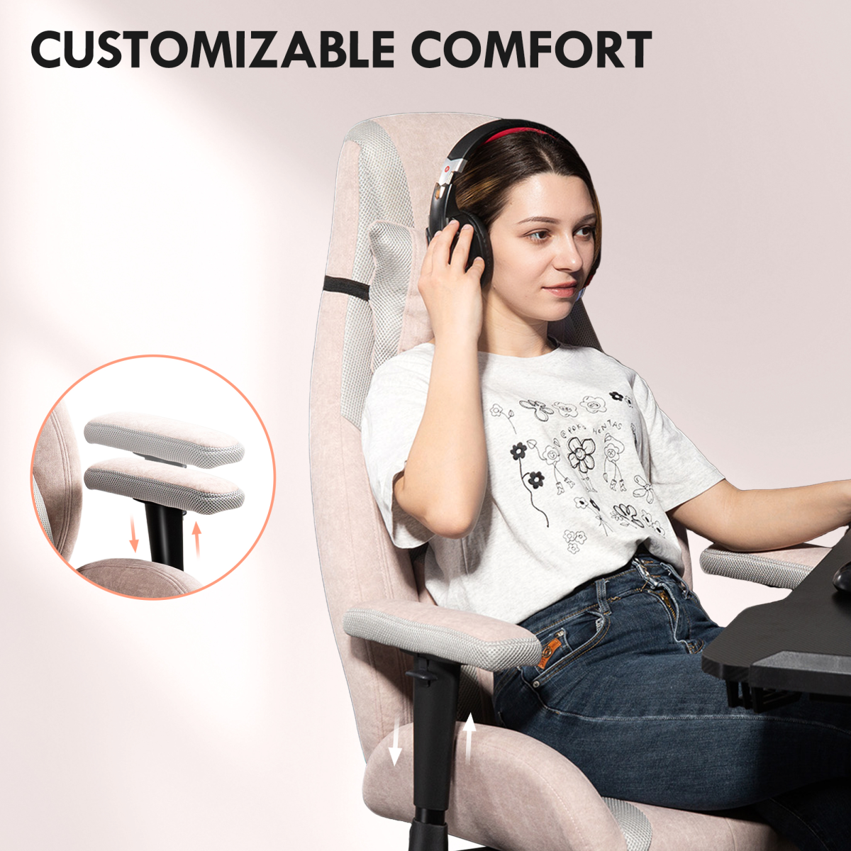 HOMCOM Pale Pink Gaming Chair with Lumbar Support and Swivel Wheels