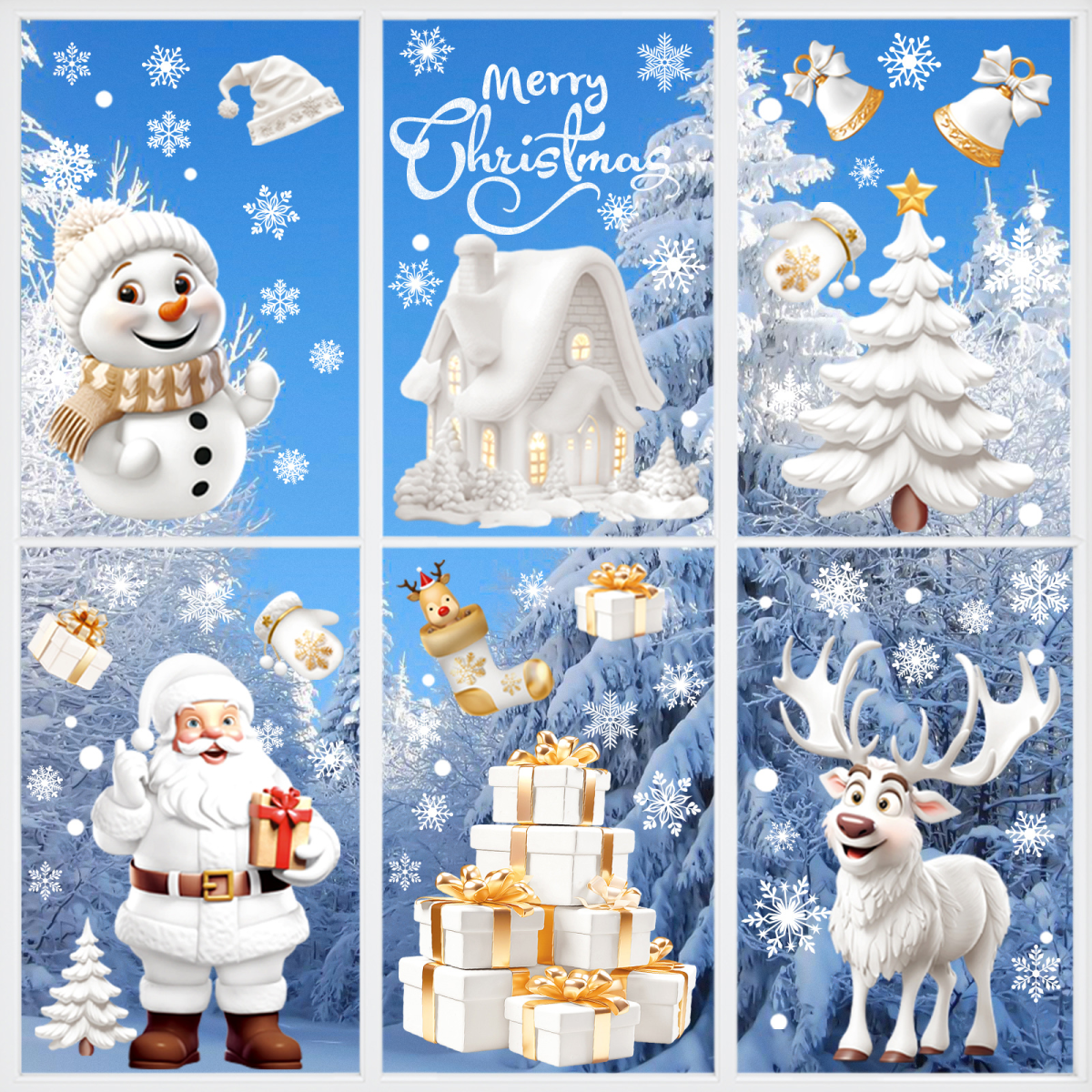 Nepfaivy Christmas Window Stickers Reusable 190Pcs - Double Sided Xmas Window Stickers Christmas Scene, White Christmas Snowflake Reindeer Stickers, Static Window Clings for Christmas Decorations