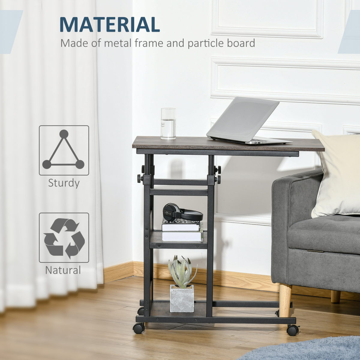 Adjustable C-Shaped Mobile Sofa Side Table with 3-Tier and Brakes