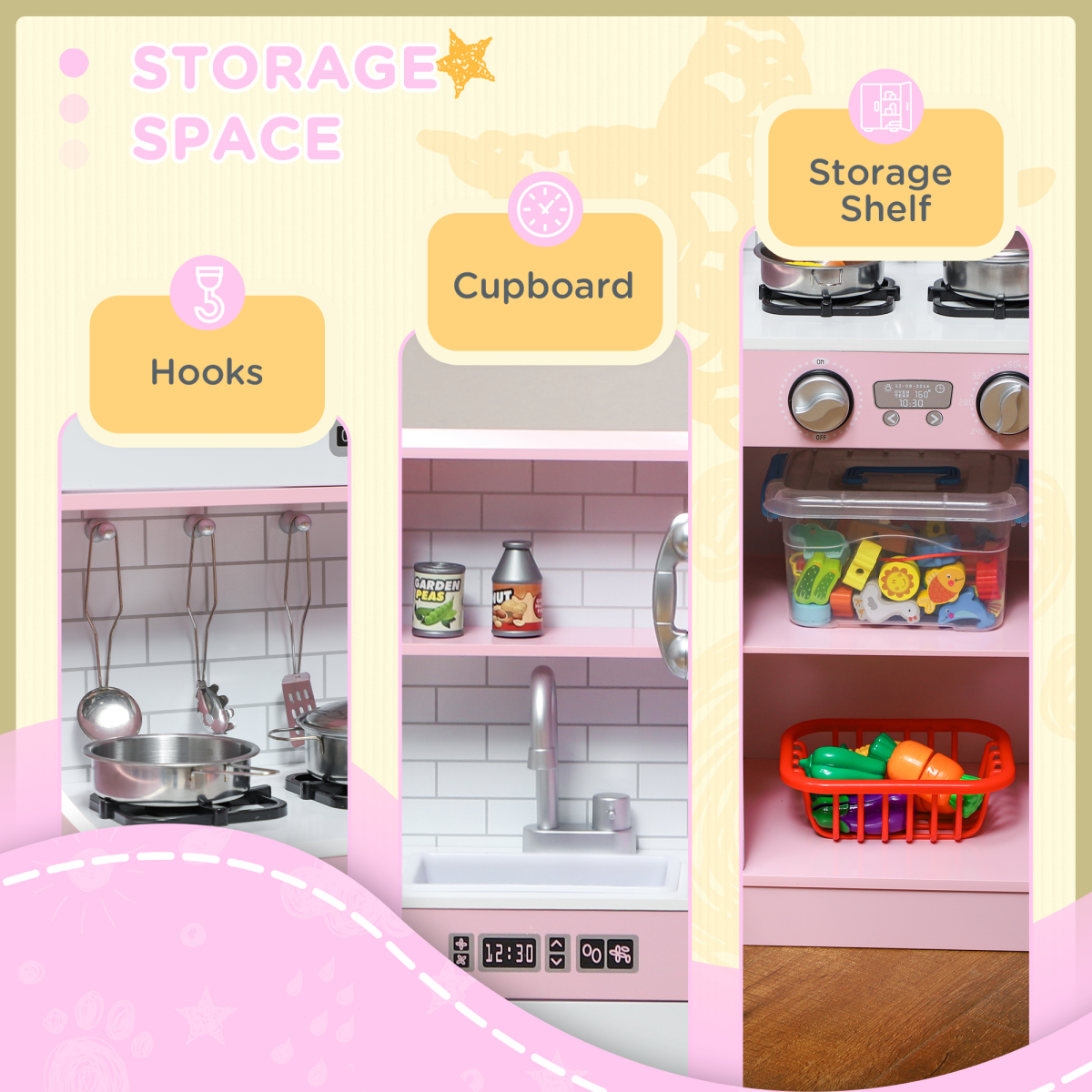AIYAPLAY Kids Play Kitchen Set with Phone, Chalkboard, Sink & Ice Maker