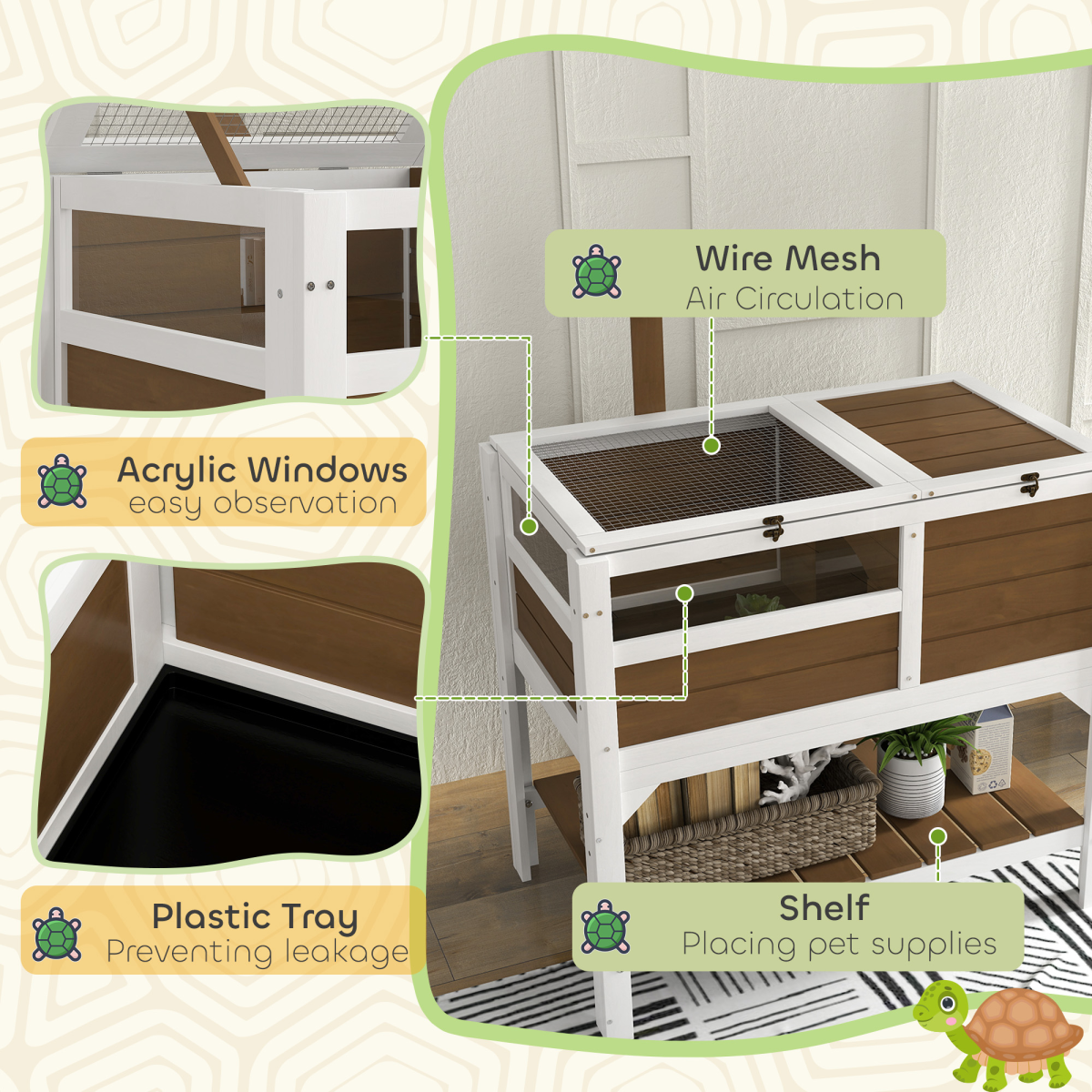PawHut Wooden Tortoise House with Run, Shelter, Shelf and Lamp Holder, Brown