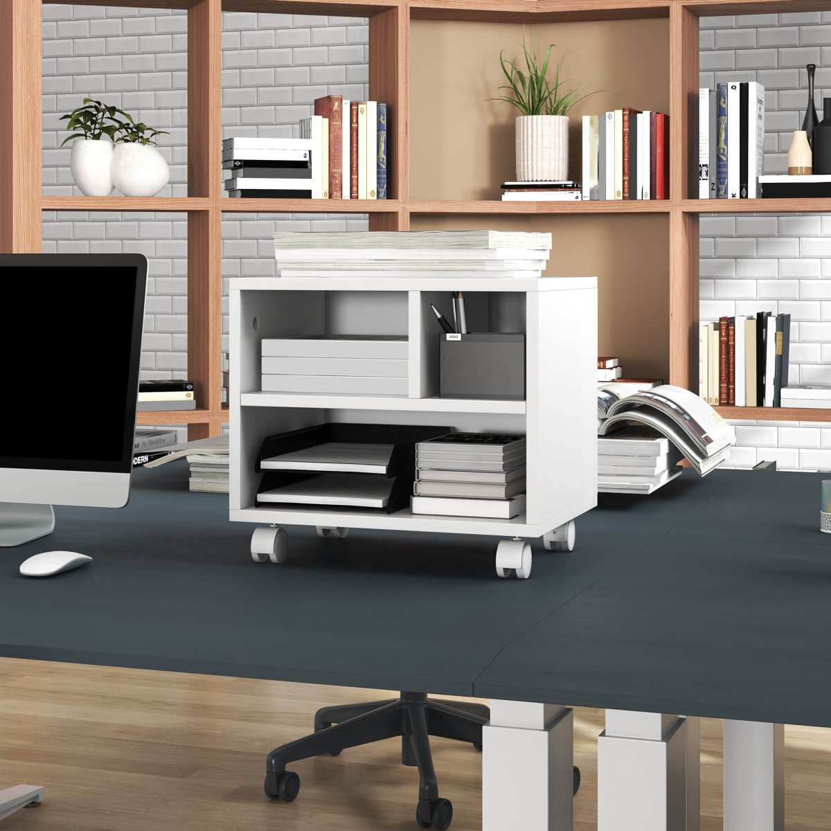 HOMCOM White Printer Stand with Storage and Wheels for Home Office