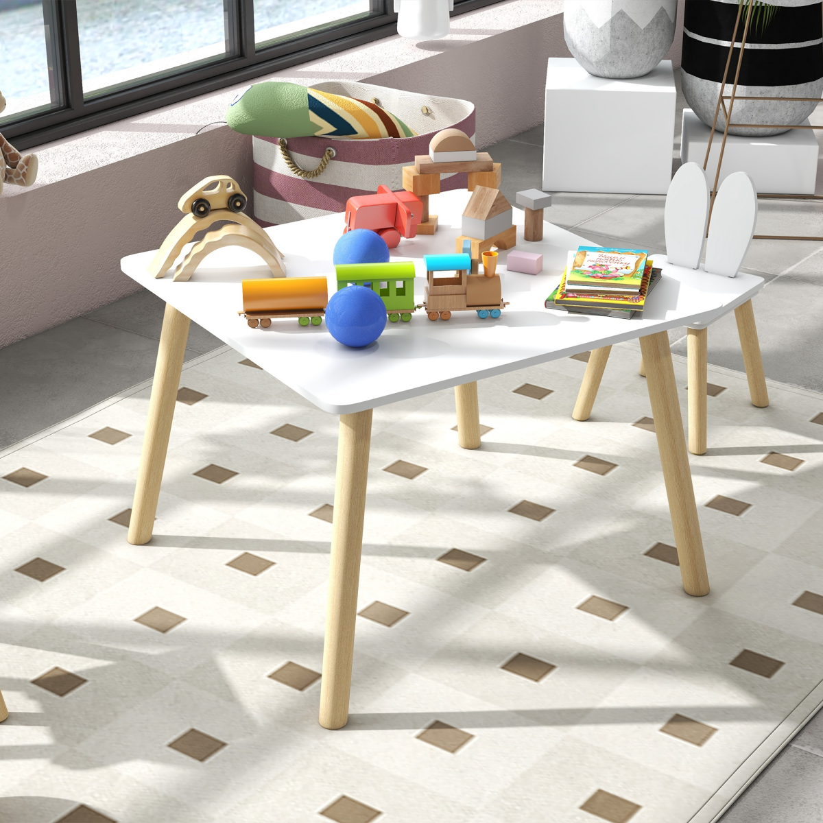 AIYAPLAY 3-Piece Toddler Table and Chair Set, Bunny Ear Design