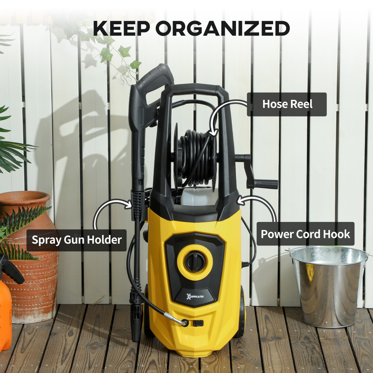 DURHAND 1800W Portable Pressure Washer, 150 Bar, 510 L/h, Yellow