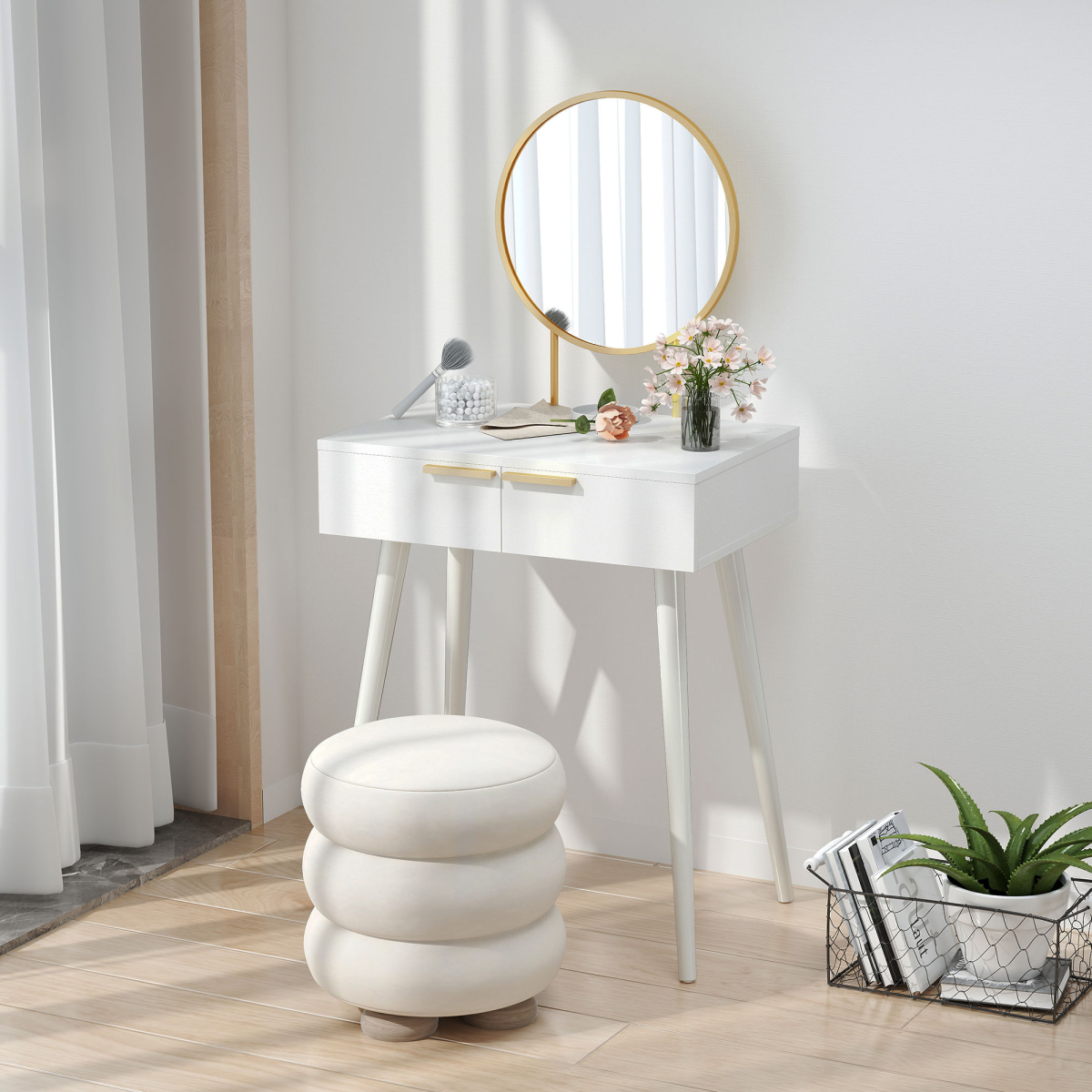 HOMCOM Modern Dressing Table with 2 Drawers & Round Mirror, White