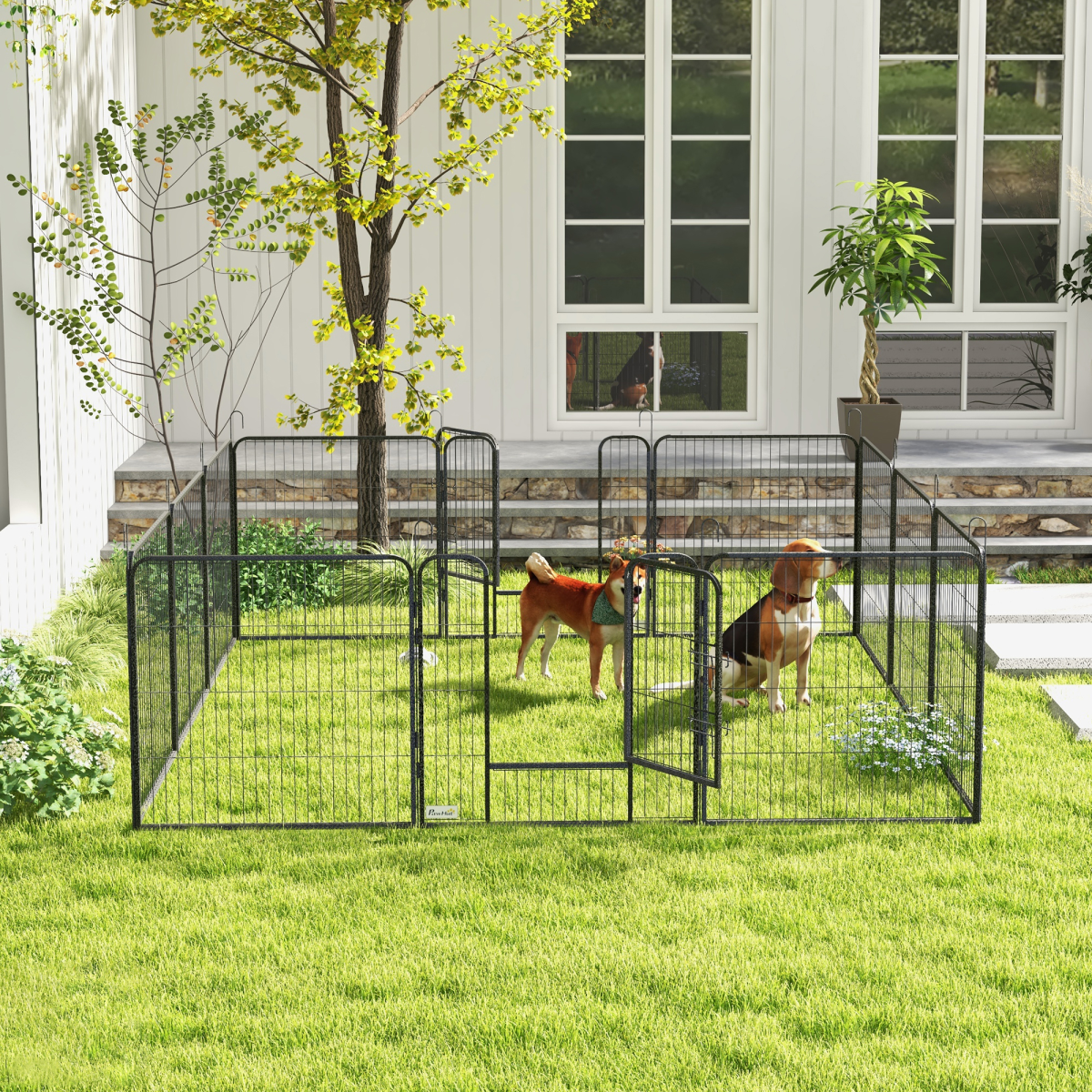 PawHut 12-Panel Steel Puppy Play Pen with Lockable Doors