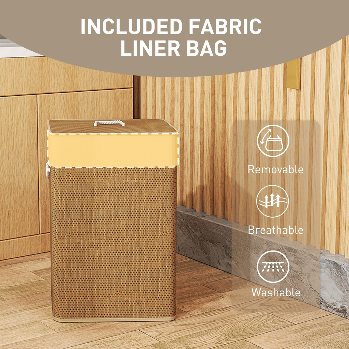HOMCOM Bamboo Laundry Hamper, 72L, Removable Washable Liner Bag, Brown