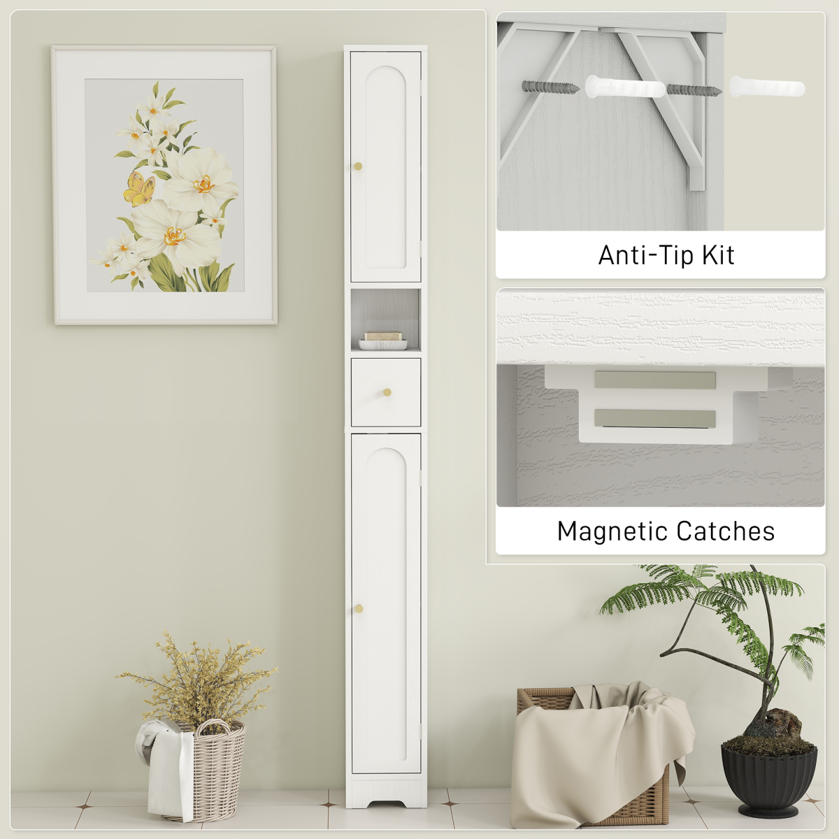HOMCOM White Slim Bathroom Storage Cabinet with Adjustable Shelves