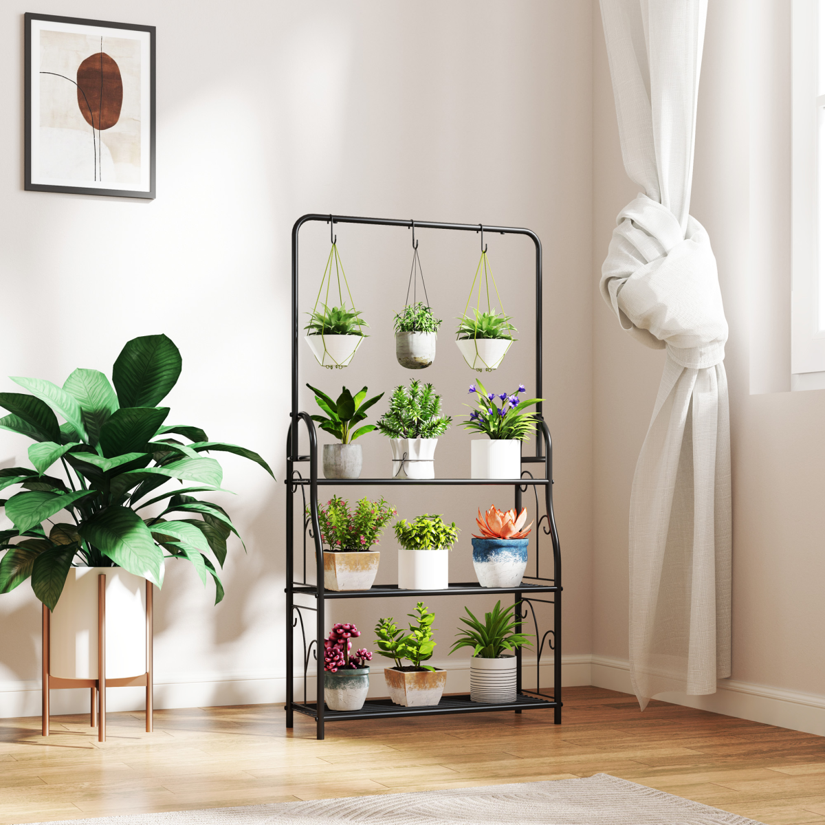 Outsunny 3-Tier Black Metal Plant Stand with Hanging Hooks