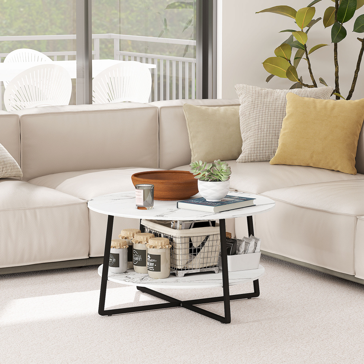 HOMCOM Round Coffee Table with Storage Shelf, Marble-Effect Top, White