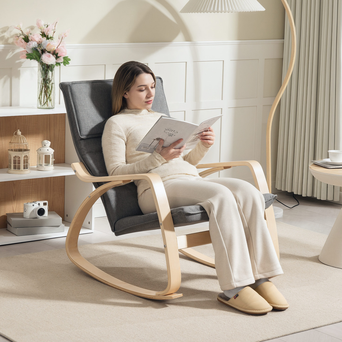 HOMCOM High Back Rocking Chair with Headrest, Grey