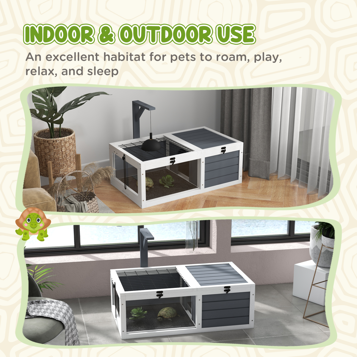 PawHut Grey Wooden Tortoise House with Basking Area & Lamp Holder