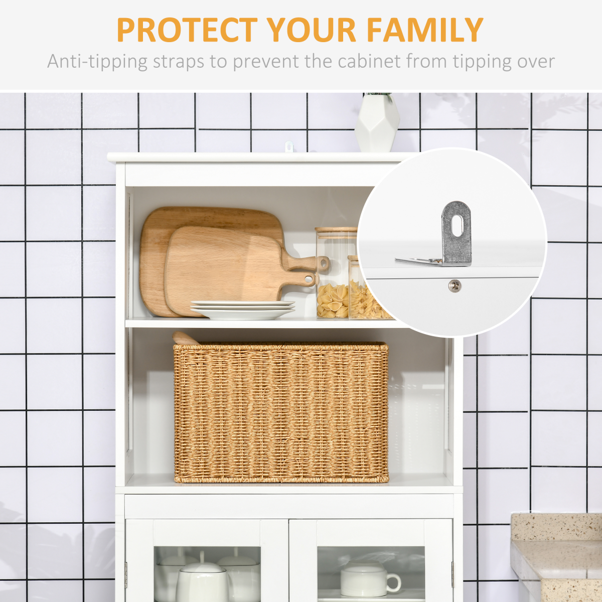 HOMCOM White Kitchen Cupboard with Adjustable Shelves and Glass Doors
