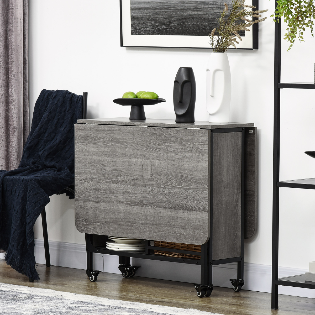 HOMCOM Mobile Drop Leaf Dining Table with Storage Shelf and Lockable Wheels