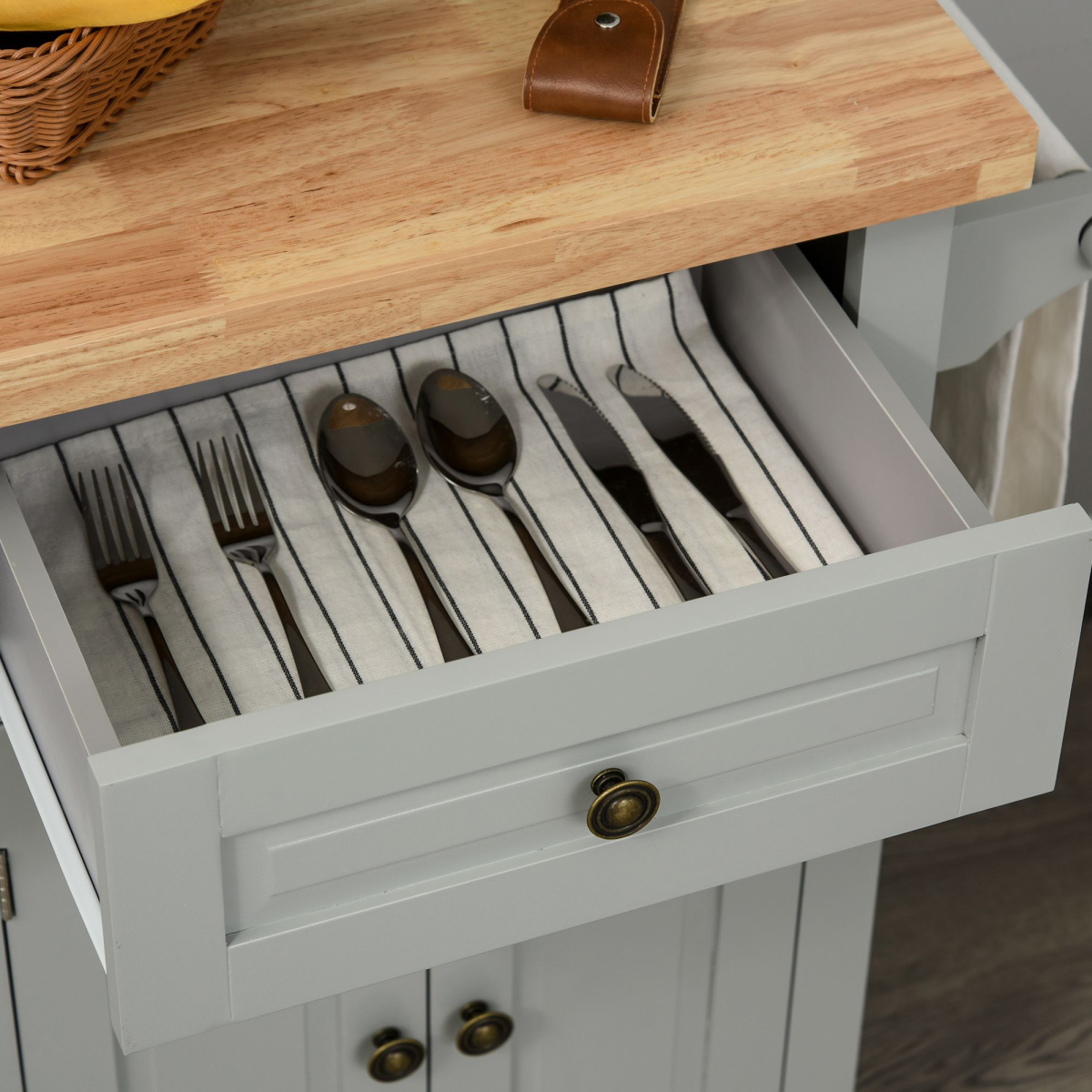 HOMCOM Rolling Kitchen Island Cart with Rubberwood Top and Storage
